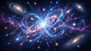 充滿活力的宇宙星雲，帶有旋轉的藍色和紫色雲層以及遙遠的星系。