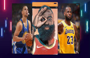 三位身穿球隊制服的NBA籃球運動員在霓虹燈背景下。