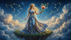一位身穿藍袍的女神在星空下的浮島上手持一朵紅玫瑰。