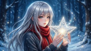 銀髮女孩在冬季森林中手持發光星星 — 動漫聖誕 壁紙