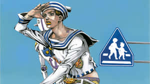 動漫角色穿著水手服在行人過路標誌旁敬禮。