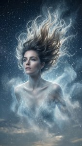 一位長髮飄逸的女性漂浮在星空宇宙場景中。