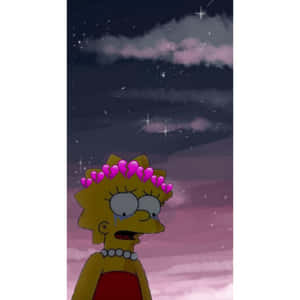 麗莎·辛普森在繁星點點的天空下哭泣，破碎的心形漂浮在她的頭頂。