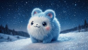 星空下雪地裡一隻可愛的藍白色毛茸茸生物