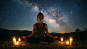一位女士在星空下夜間戶外冥想，周圍有蠟燭。