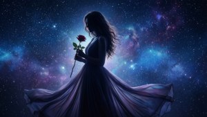 身穿飄逸長裙的女性在星空宇宙背景下手持紅玫瑰。
