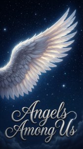 在繁星點點的夜空下，一隻巨大的白色天使翅膀，帶有文字 Angels Among Us。