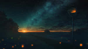 星空下的一條黑暗道路，有發光的螢火蟲和溫暖的地平線光芒。 — 太空 壁紙