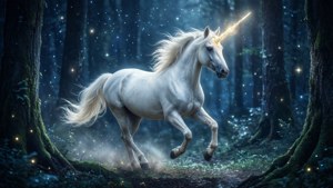 一隻發光的獨角獸在夜晚穿過黑暗的魔法森林奔跑。