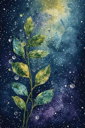 一條綠色樹枝漂浮在星光燦爛的宇宙星雲中,帶有發光的氣泡