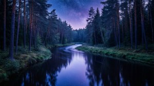 蜿蜒的河流在夜晚的寂靜松樹林中映照出繁星點點的紫色天空。