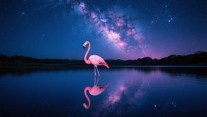 一隻粉紅色火烈鳥站在水中，星空下，有銀河反射