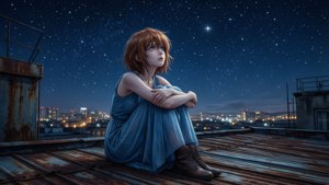 一位年輕女子在夜晚獨自坐在屋頂上仰望星空。
