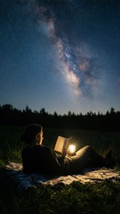 夜晚在草地上提燈籠在星空下閱讀的人
