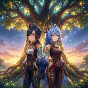 兩個動漫角色在暮色中的魔法樹下，伴隨著發光的光芒和星星。