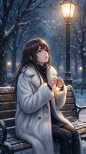 穿白色外套的女性在夜晚路燈下，在雪地長椅上拿著發光的星星 — 動漫聖誕 壁紙