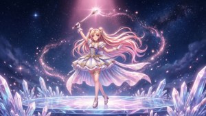 穿著粉紅色連衣裙的動漫女孩在星空下在水晶平台上揮舞魔法杖