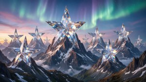 在發光的極光天空下，白雪皚皚的山脈中水晶星形山峰。