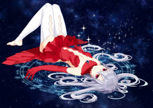 銀髮紅眼的動漫女孩躺在太空中的魔法星圖上。 — 靚靚動畫 壁紙