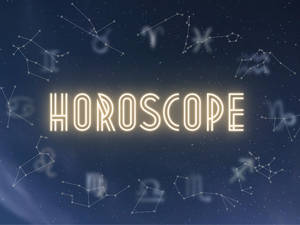 在星空夜空中被星座和黃道十二宮符號包圍的霓虹星座標誌。 — 月亮與星星動畫 壁紙