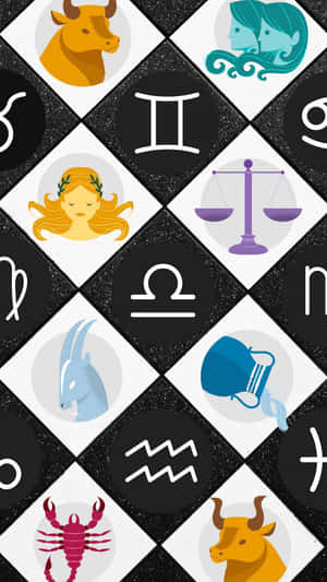 在棋盤格背景上以彩色平面圖標呈現的星座和符號。