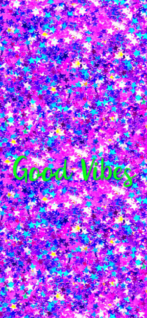 閃爍的紫色和藍色星星閃粉背景，帶有綠色 Good Vibes 文字。