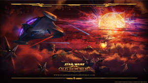 在發光的太陽下，熾熱太空戰鬥中星艦發射激光。
