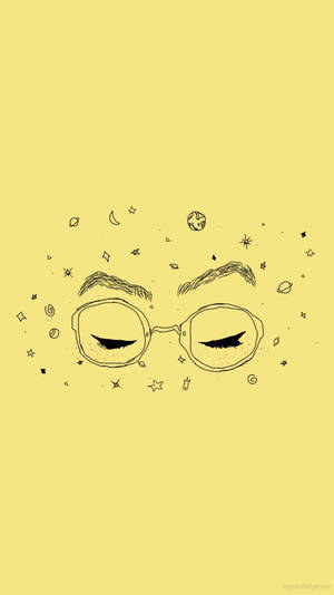 在黃色背景上，戴眼鏡的閉眼，周圍環繞著星星和行星。 — 美學藝術 壁紙
