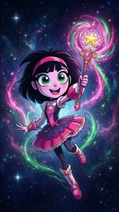 一個穿著粉紅色衣服的卡通女孩，手持發光魔杖，周圍是宇宙漩渦和星星。