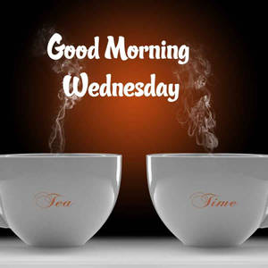 兩個冒著蒸氣嘅茶杯，標有 'Tea' 同 'Time' 標籤，喺 'Good Morning Wednesday' 文字下面。 — 早晨咖啡 壁紙