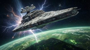 星際毀滅者太空船飛越綠色行星，太空中閃電交加。