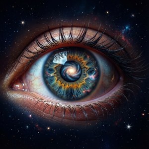 人類眼睛的特寫，虹膜中星系旋轉，周圍環繞星星