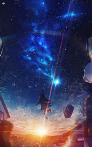 一個人躍入暮色中發光小鎮上方的星空。 — 可愛動漫女仔 壁紙