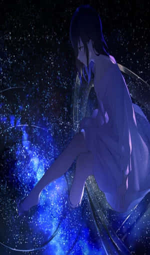 動漫女孩穿著飄逸的連衣裙漂浮在繁星點點的藍色星雲中。 — 動漫 壁紙