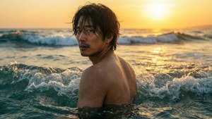 男人在金色夕陽下站在海浪中