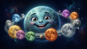 一顆微笑的卡通行星，在太空中被色彩繽紛的行星和衛星環繞。