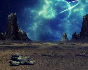 外星沙漠，有鋸齒狀的岩石和夜空中一顆發光的環狀行星。