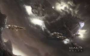 戰艦在暴風雨的天空下，靠近巨大外星結構發射武器。