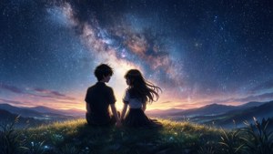 兩個青少年在山上手牽手觀看星空、銀河和山脈