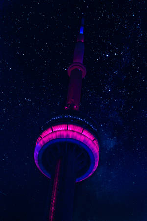 CN塔在星空夜空下以粉紅色和藍色照亮