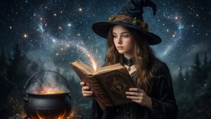 一位年輕女巫在星空下閱讀魔法書。 — 奇幻 壁紙