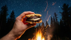 手喺星空下嘅營火旁邊拎住一個s'more。
