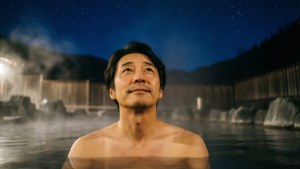 男子在星空下浸泡在溫泉中 — 對馬戰鬼 GIF 壁紙