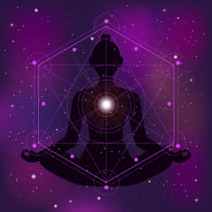 一個人在繁星點點的紫色天空中冥想，伴隨著發光的幾何能量圖案。 — 紫色美學 壁紙