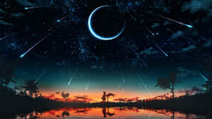 一個人在湖邊的剪影，背景是彎月和流星，黃昏時分。 — 星星 壁紙