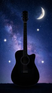新月星空下的黑色原聲結他剪影。