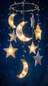一幅夢幻的牆紙，展示在漆黑夜空襯托下的月亮與星星掛飾。 — 手機 壁紙
