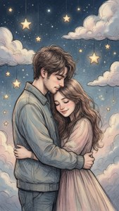 一對情侶在星空下擁抱，周圍有飄浮的雲朵和閃爍的星星。