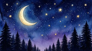 彎月和星星在黑暗的松樹林上空（夜晚）