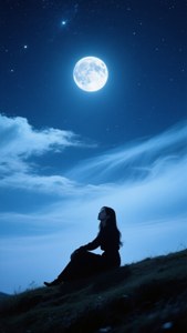 一個女人坐在山丘上仰望明亮的滿月和星星的剪影